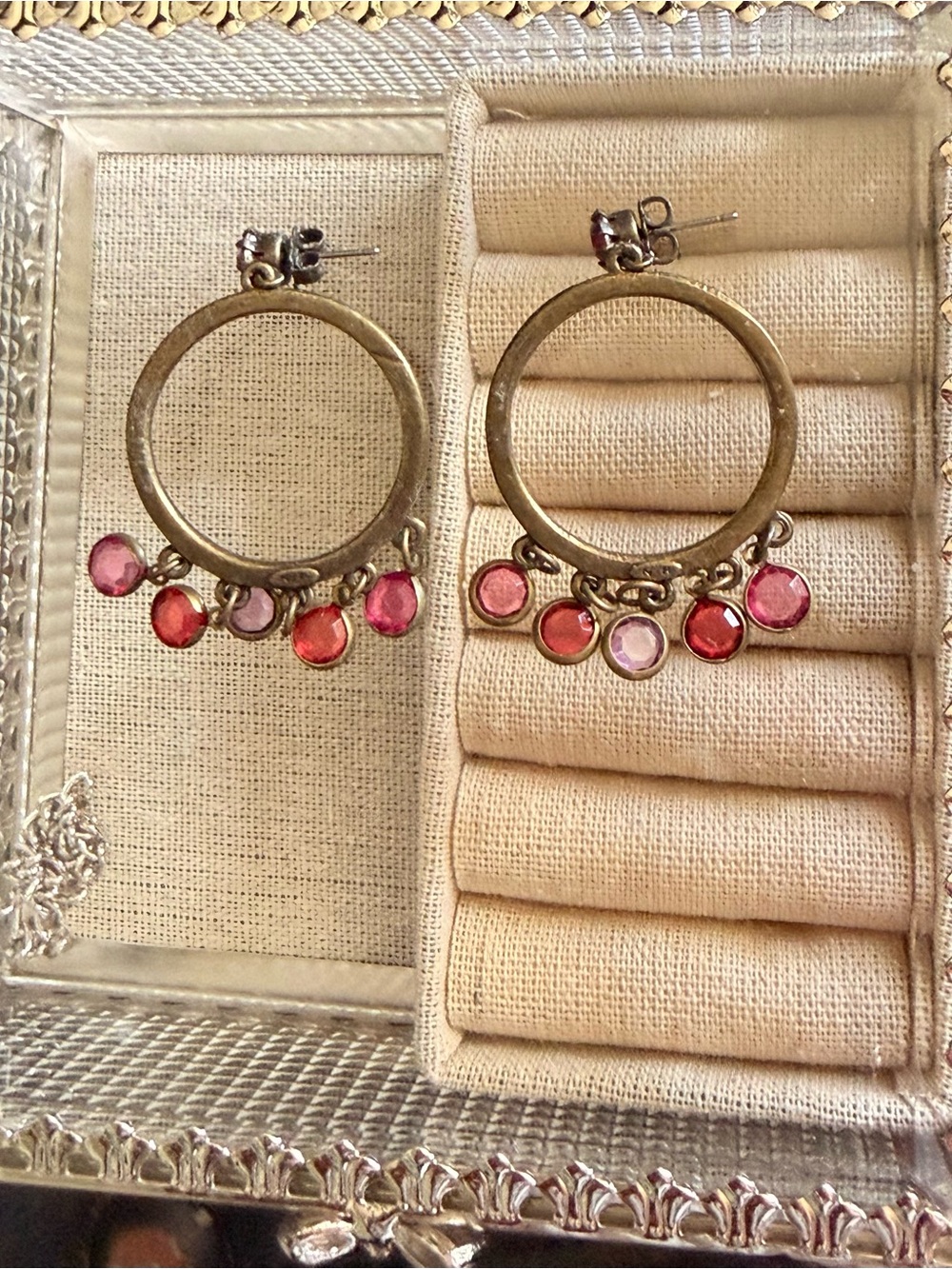 Gold-Tone Hoop Earrings with Pink and Red Charm Stones